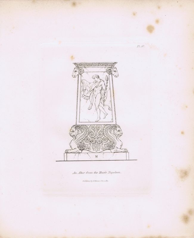 фото Гравюра Генри Мозес Древний (античный) алтарь из музея Наполеона. Орнамент. Офорт. Англия, Лондон, 1838 год