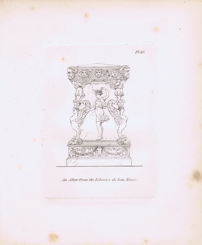 фото Гравюра Генри Мозес Древний (античный) алтарь из библиотеки Марчиана 3. Орнамент. Офорт. Англия, Лондон, 1838 год