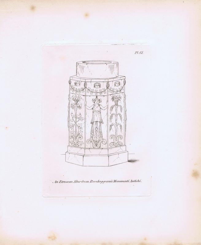 фото Гравюра Генри Мозес Древний (античный) этрусский алтарь из издания Роккиджани `Древние памятники`. Орнамент. Офорт. Англия, Лондон, 1838 год