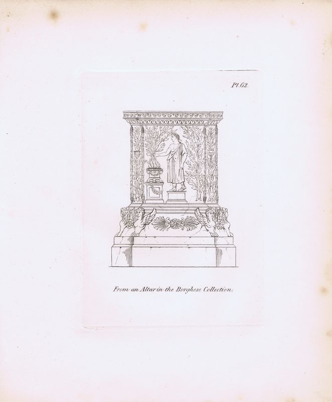 фото Гравюра Генри Мозес Древний (античный) алтарь из коллекции Боргезе. Орнамент. Офорт. Англия, Лондон, 1838 год