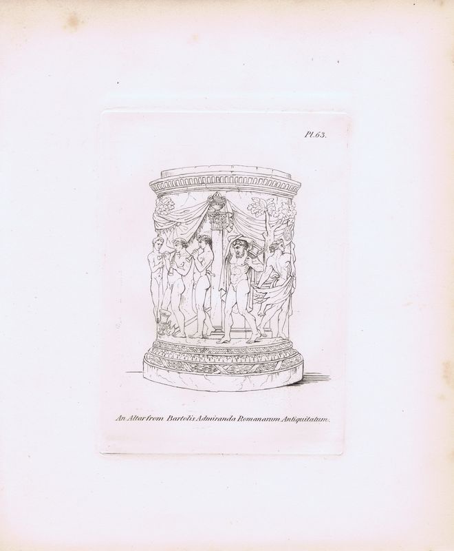 фото Гравюра Генри Мозес Древний (античный) алтарь с гравюры Бартоли из издания `Замечательные римские древности`. Орнамент. Офорт. Англия, Лондон, 1838 год
