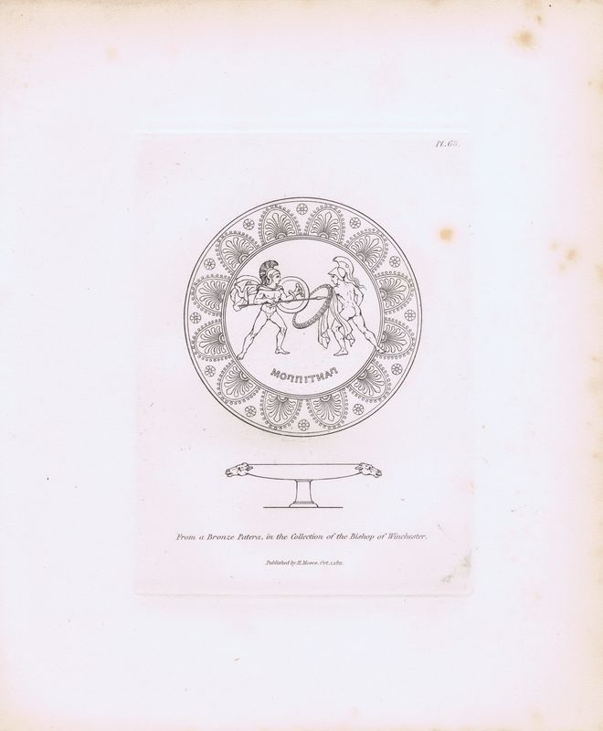 фото Гравюра Генри Мозес Древняя (античная) бронзовая патера из коллекции епископа Уинчестера. Орнамент. Офорт. Англия, Лондон, 1838 год
