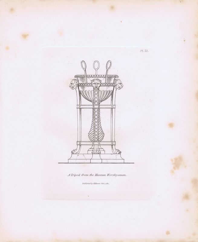фото Гравюра Генри Мозес Древний (античный) трипод (треножник) из музея Уорсли. Орнамент. Офорт. Англия, Лондон, 1838 год