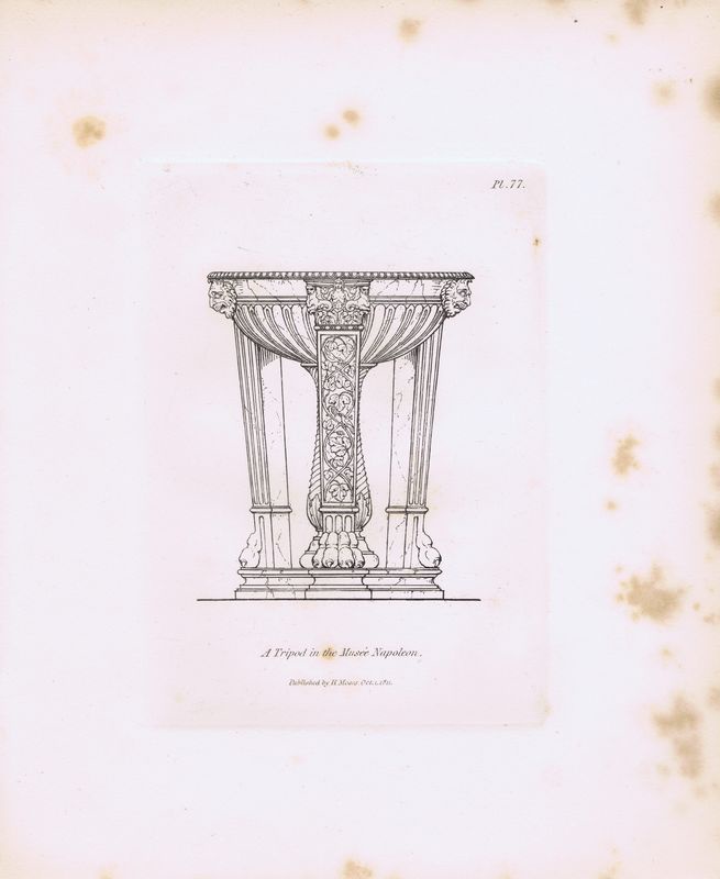фото Гравюра Генри Мозес Древний (античный) трипод (треножник) из музея Наполеона 2. Орнамент. Офорт. Англия, Лондон, 1838 год