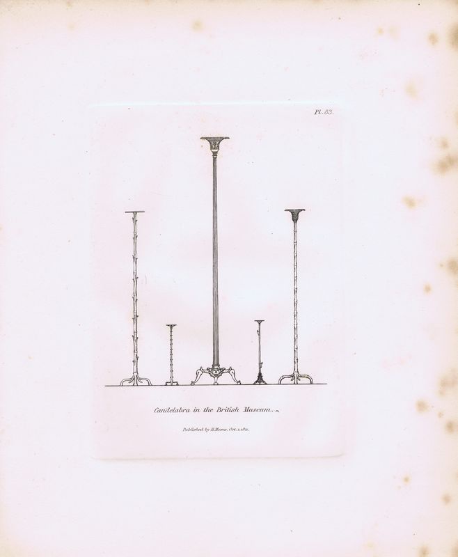 фото Гравюра Генри Мозес Древние (античные) канделябры из Британского музея. Орнамент. Офорт. Англия, Лондон, 1838 год