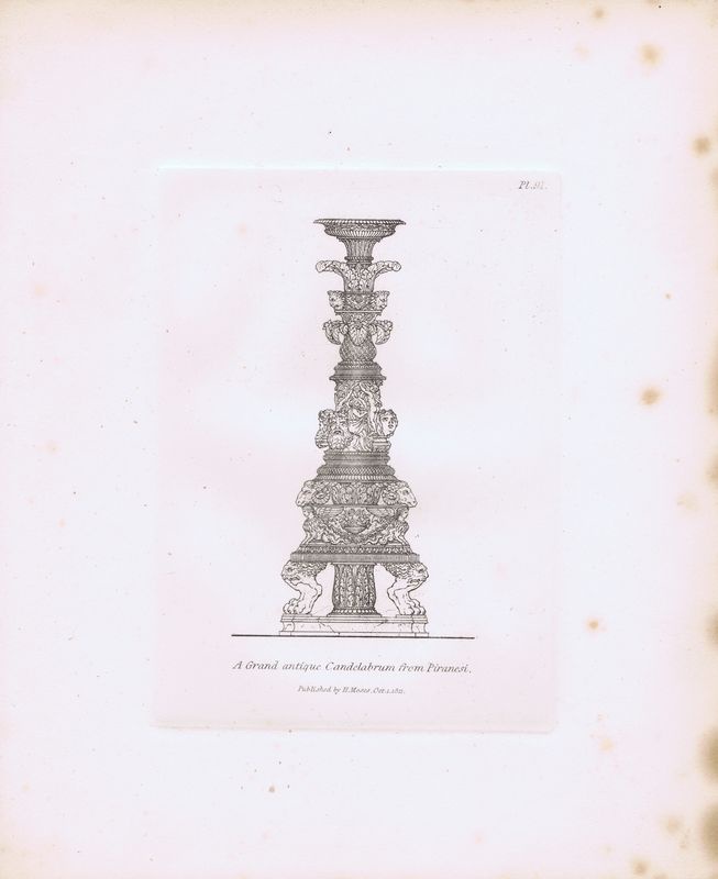 фото Гравюра Генри Мозес Большой древний (античный) канделябр с гравюры Пиранези. Орнамент. Офорт. Англия, Лондон, 1838 год