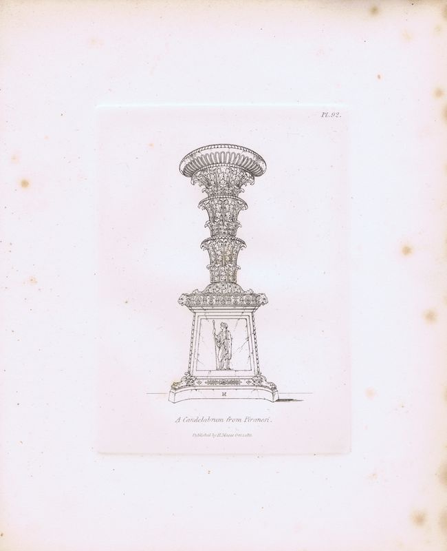 фото Гравюра Генри Мозес Древний (античный) канделябр с гравюры Пиранези 2. Орнамент. Офорт. Англия, Лондон, 1838 год
