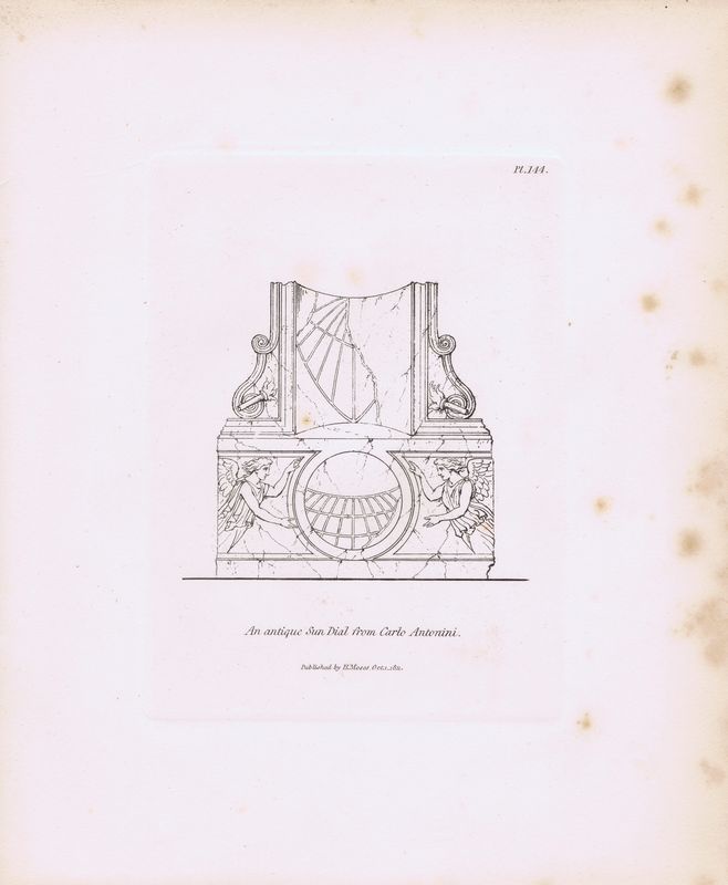 фото Гравюра Генри Мозес Древние (античные) солнечные часы с гравюры Карло Антонини. Орнамент. Офорт. Англия, Лондон, 1838 год