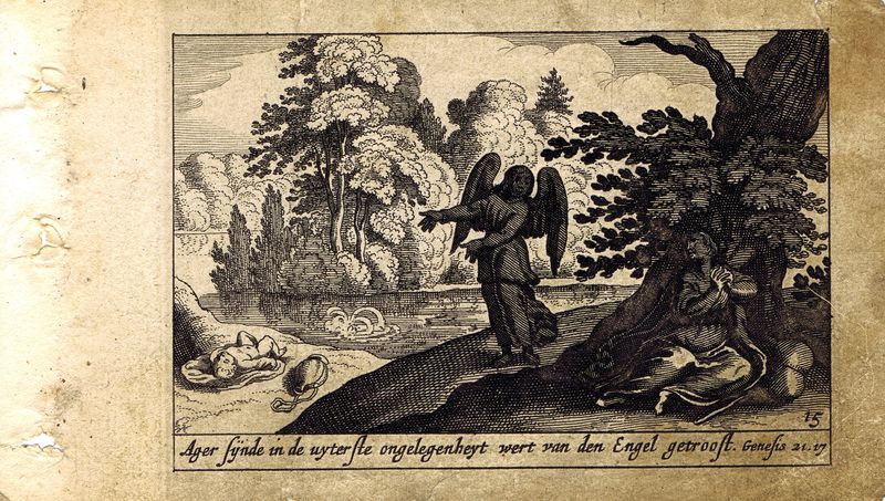 фото Гравюра Питер Схют Ветхий Завет. Агарь, Ангел и маленький Исмаил. Резцовая офорт. Нидерланды, Амстердам, 1659 год