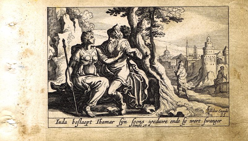 фото Гравюра Питер Схют Ветхий Завет. Иуда и Фамарь. Резцовая офорт. Нидерланды, Амстердам, 1659 год