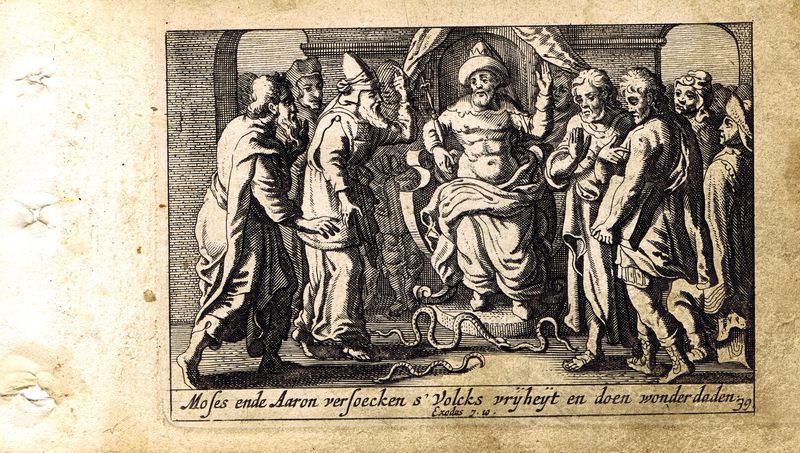 фото Гравюра Питер Схют Ветхий Завет. Моисей и Аарон перед фараоном. Резцовая офорт. Нидерланды, Амстердам, 1659 год