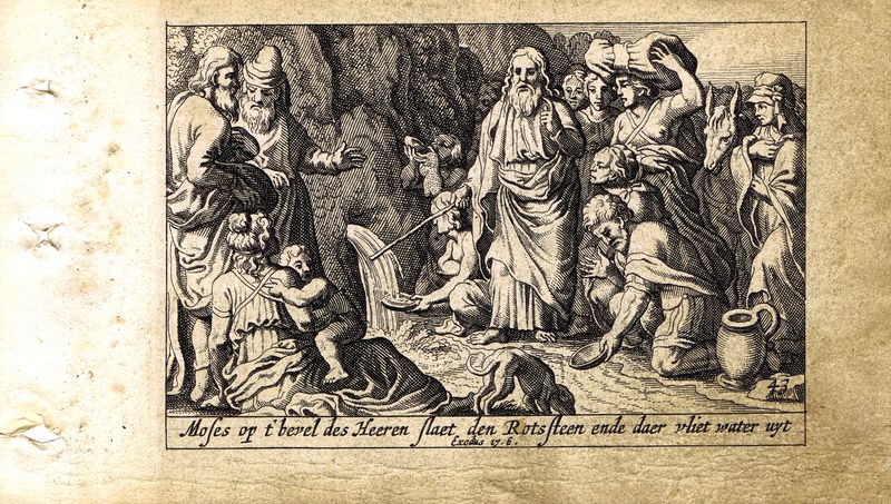 фото Гравюра Питер Схют Ветхий Завет. Моисей добывает воду из скалы. Резцовая офорт. Нидерланды, Амстердам, 1659 год