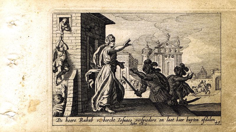 фото Гравюра Питер Схют Ветхий Завет. Раав спасает юношей-соглядатаев. Резцовая офорт. Нидерланды, Амстердам, 1659 год