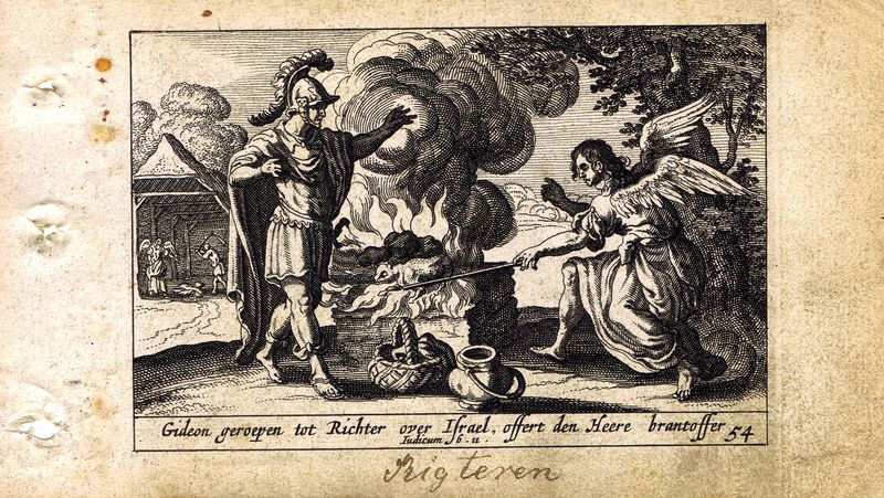 фото Гравюра Питер Схют Ветхий Завет. Гедеон и ангел. Резцовая офорт. Нидерланды, Амстердам, 1659 год