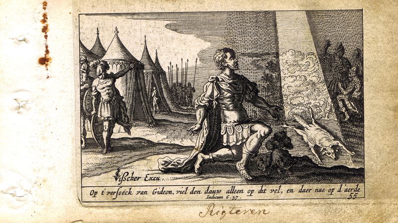 фото Гравюра Питер Схют Ветхий Завет. Гедеон расстилает шерсть. Резцовая офорт. Нидерланды, Амстердам, 1659 год