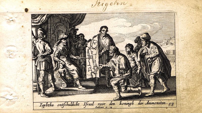 фото Гравюра Питер Схют Ветхий Завет. Послы Иеффая у царя Аммонитского. Резцовая офорт. Нидерланды, Амстердам, 1659 год