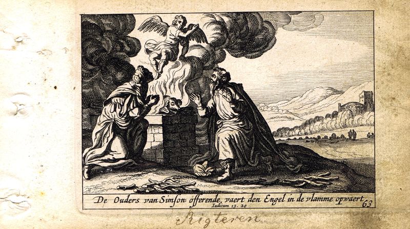 фото Гравюра Питер Схют Ветхий Завет. Маной и его жена у жертвенника. Резцовая офорт. Нидерланды, Амстердам, 1659 год