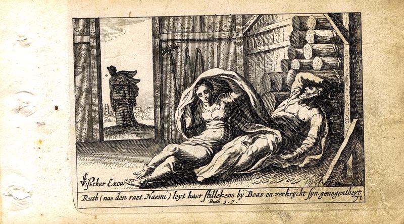 фото Гравюра Питер Схют Ветхий Завет. Руфь и спящий Вооз. Резцовая офорт. Нидерланды, Амстердам, 1659 год