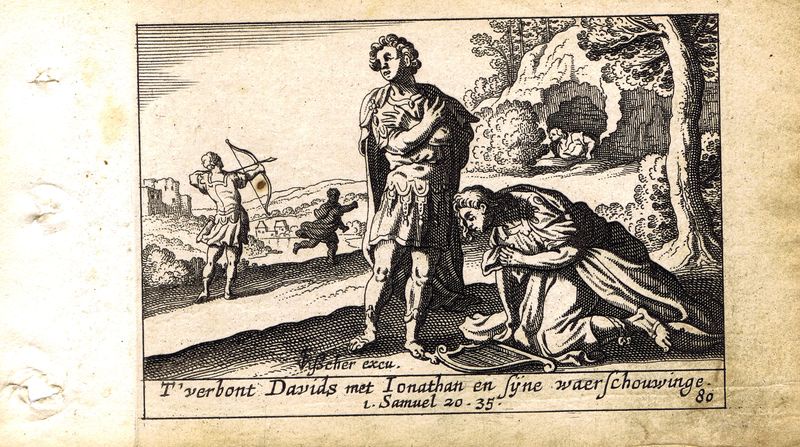 фото Гравюра Питер Схют Ветхий Завет. Ионафан и Давид. Резцовая офорт. Нидерланды, Амстердам, 1659 год