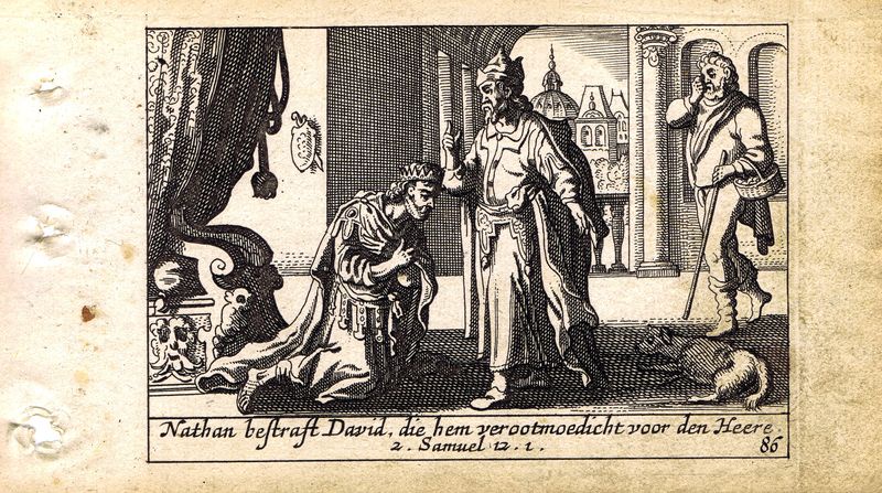 фото Гравюра Питер Схют Ветхий Завет. Пророк Нафан перед Давидом. Резцовая офорт. Нидерланды, Амстердам, 1659 год