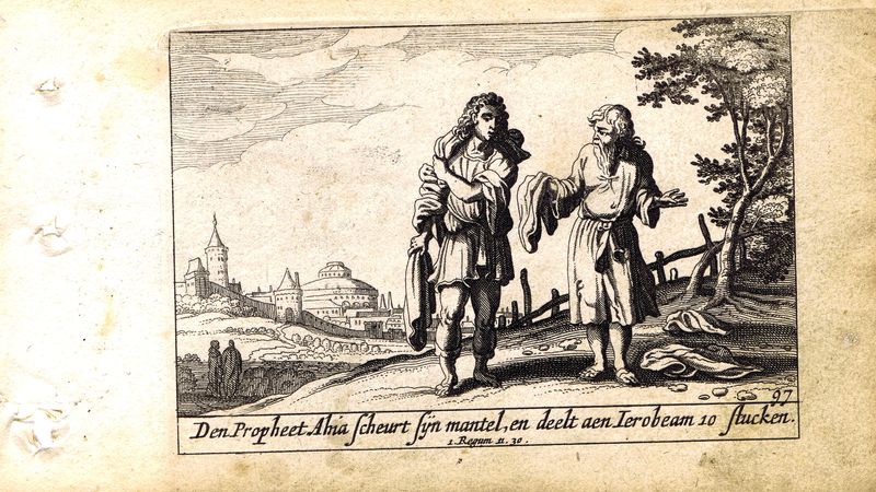 фото Гравюра Питер Схют Ветхий Завет. Пророк Ахия делит одежду на 12 частей. Резцовая офорт. Нидерланды, Амстердам, 1659 год