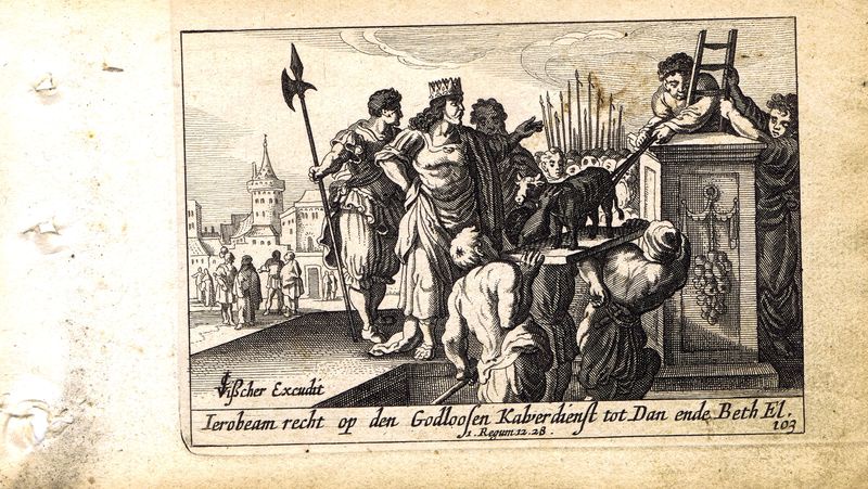 фото Гравюра Питер Схют Ветхий Завет. Золотые тельцы в Вефиле и Дане. Резцовая офорт. Нидерланды, Амстердам, 1659 год