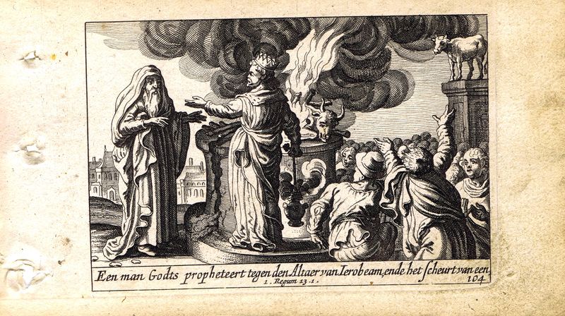 фото Гравюра Питер Схют Ветхий Завет. Иеровоам у жертвенника в Вефиле. Резцовая офорт. Нидерланды, Амстердам, 1659 год