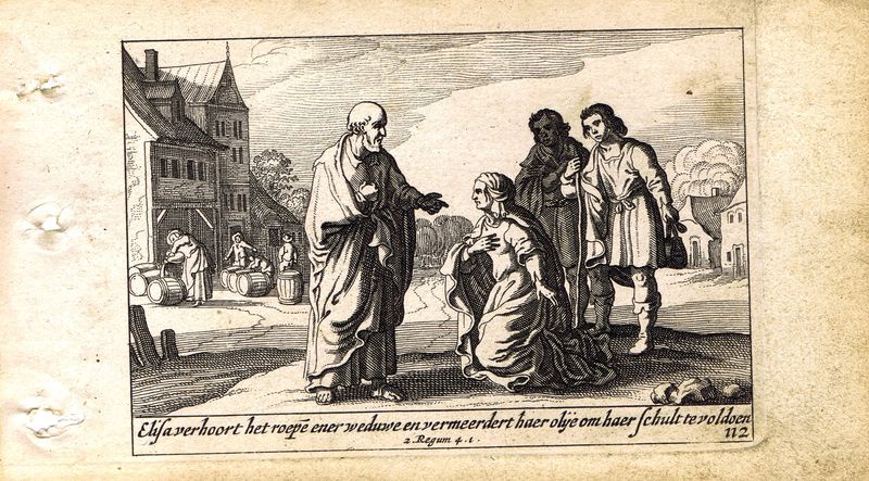 фото Гравюра Питер Схют Ветхий Завет. Вдова и Елисей. Чудо с маслом. Резцовая офорт. Нидерланды, Амстердам, 1659 год