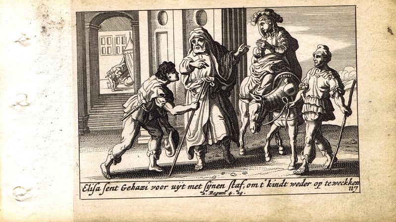 фото Гравюра Питер Схют Ветхий Завет. Елисей передаёт жезл Гиезию. Резцовая офорт. Нидерланды, Амстердам, 1659 год