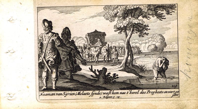 фото Гравюра Питер Схют Ветхий Завет. Исцеление Неемана. Резцовая офорт. Нидерланды, Амстердам, 1659 год