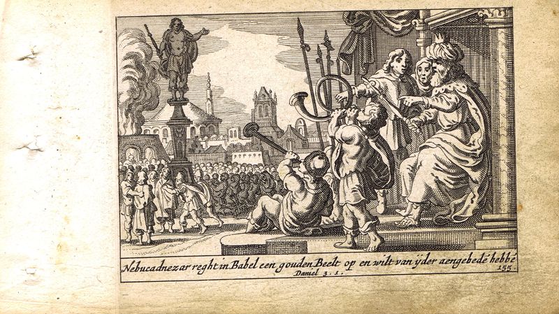 фото Гравюра Питер Схют Ветхий Завет. Торжественное открытие истукана. Резцовая офорт. Нидерланды, Амстердам, 1659 год