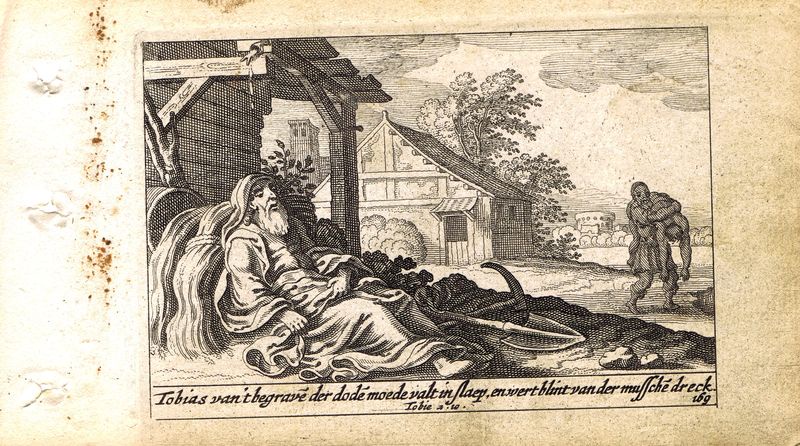 фото Гравюра Питер Схют Ветхий Завет. Слепота Товита. Резцовая офорт. Нидерланды, Амстердам, 1659 год