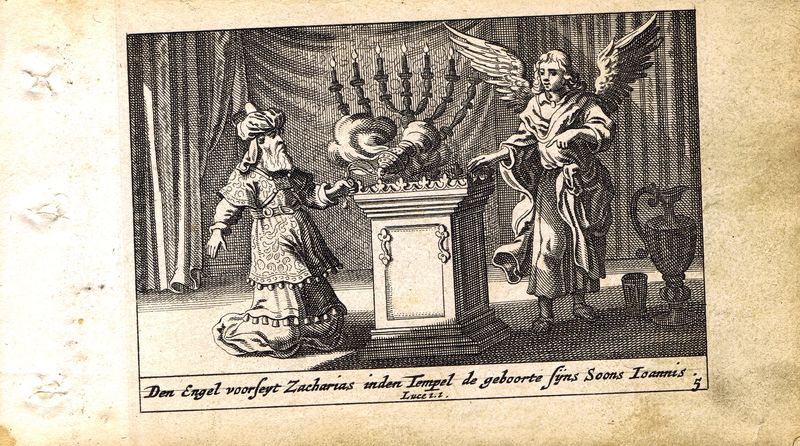 фото Гравюра Питер Схют Новый Завет. Захария и ангел в храме. Резцовая офорт. Нидерланды, Амстердам, 1659 год