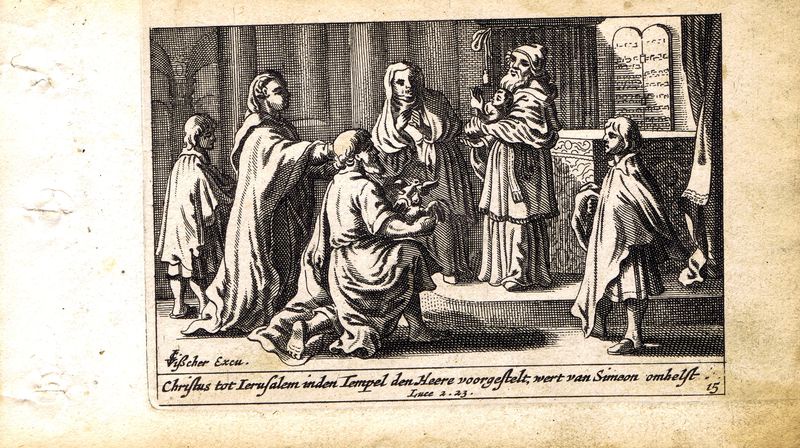 фото Гравюра Питер Схют Новый Завет. Симеон с Иисусом на руках в храме. Резцовая  офорт. Нидерланды, Амстердам, 1659 год