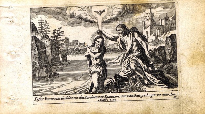 фото Гравюра Питер Схют Новый Завет. Крещение Иисуса в реке Иордан. Резцовая офорт. Нидерланды, Амстердам, 1659 год