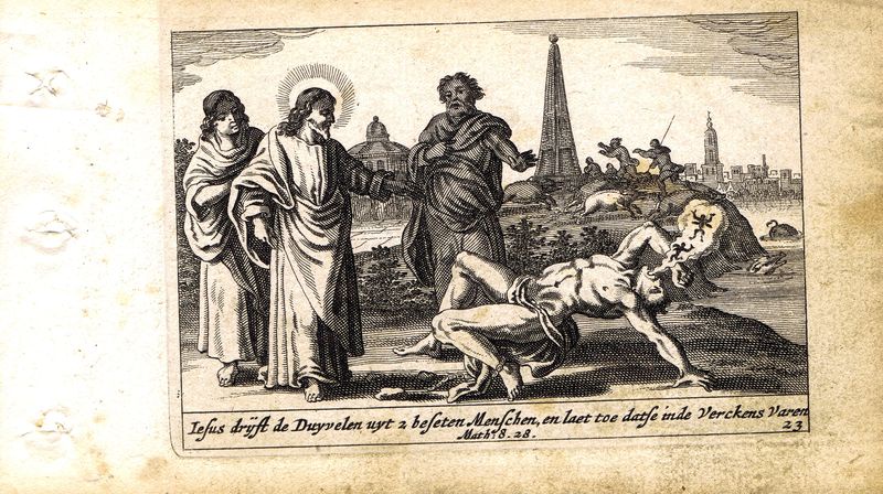 фото Гравюра Питер Схют Новый Завет. Изгнание бесов. Резцовая  офорт. Нидерланды, Амстердам, 1659 год