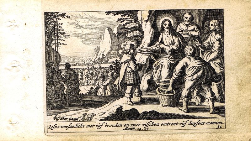 фото Гравюра Питер Схют Новый Завет. Насыщение народа пятью хлебами. Резцовая офорт. Нидерланды, Амстердам, 1659 год