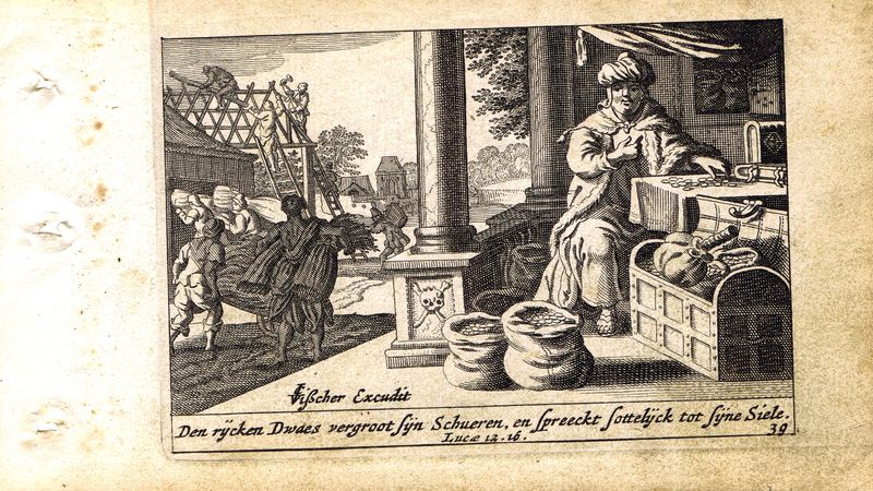фото Гравюра Питер Схют Новый Завет. Притча о безумном богаче. Резцовая офорт. Нидерланды, Амстердам, 1659 год