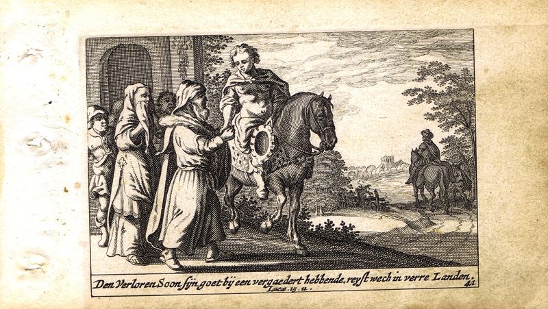 фото Гравюра Питер Схют Новый Завет. Отъезд блудного сына. Резцовая офорт. Нидерланды, Амстердам, 1659 год