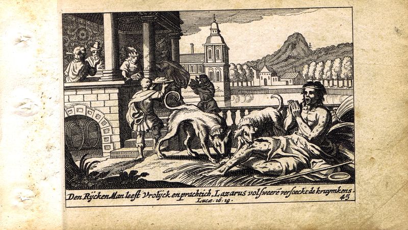 фото Гравюра Питер Схют Новый Завет. Лазарь в доме богача. Резцовая офорт. Нидерланды, Амстердам, 1659 год
