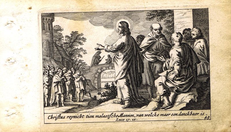фото Гравюра Питер Схют Новый Завет. Исцеление десяти прокажённых. Резцовая офорт. Нидерланды, Амстердам, 1659 год