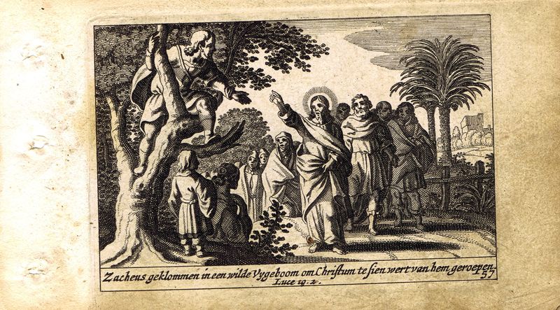 фото Гравюра Питер Схют Новый Завет. Обращение мытаря Закхея. Резцовая офорт. Нидерланды, Амстердам, 1659 год