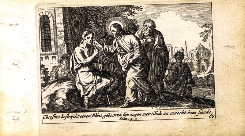 фото Гравюра Питер Схют Новый Завет. Исцеление слепого в Иерусалиме. Резцовая офорт. Нидерланды, Амстердам, 1659 год