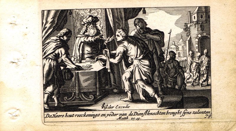 фото Гравюра Питер Схют Новый Завет. Отчёт владельца двух талантов. Резцовая офорт. Нидерланды, Амстердам, 1659 год