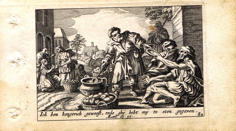 фото Гравюра Питер Схют Новый Завет. Ибо алкал Я, и вы дали Мне есть... Резцовая офорт. Нидерланды, Амстердам, 1659 год