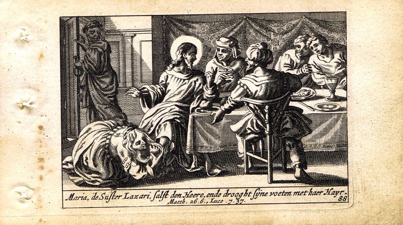 фото Гравюра Питер Схют Новый Завет. Омовение ног Иисуса грешницей. Резцовая офорт. Нидерланды, Амстердам, 1659 год