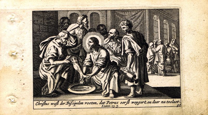 фото Гравюра Питер Схют Новый Завет. Омовение ног апостолов. Резцовая офорт. Нидерланды, Амстердам, 1659 год