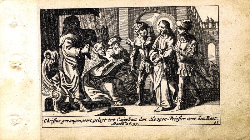 фото Гравюра Питер Схют Новый Завет. Иисус перед первосвященником Каиафой. Резцовая офорт. Нидерланды, Амстердам, 1659 год