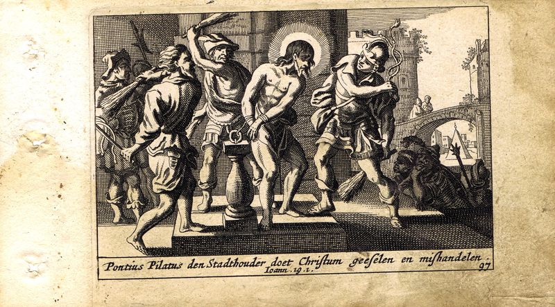 фото Гравюра Питер Схют Новый Завет. Бичевание Христа. Резцовая офорт. Нидерланды, Амстердам, 1659 год