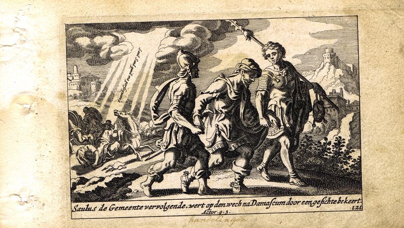 фото Гравюра Питер Схют Новый Завет. Павел (Савл) на пути в Дамаск. Резцовая офорт. Нидерланды, Амстердам, 1659 год